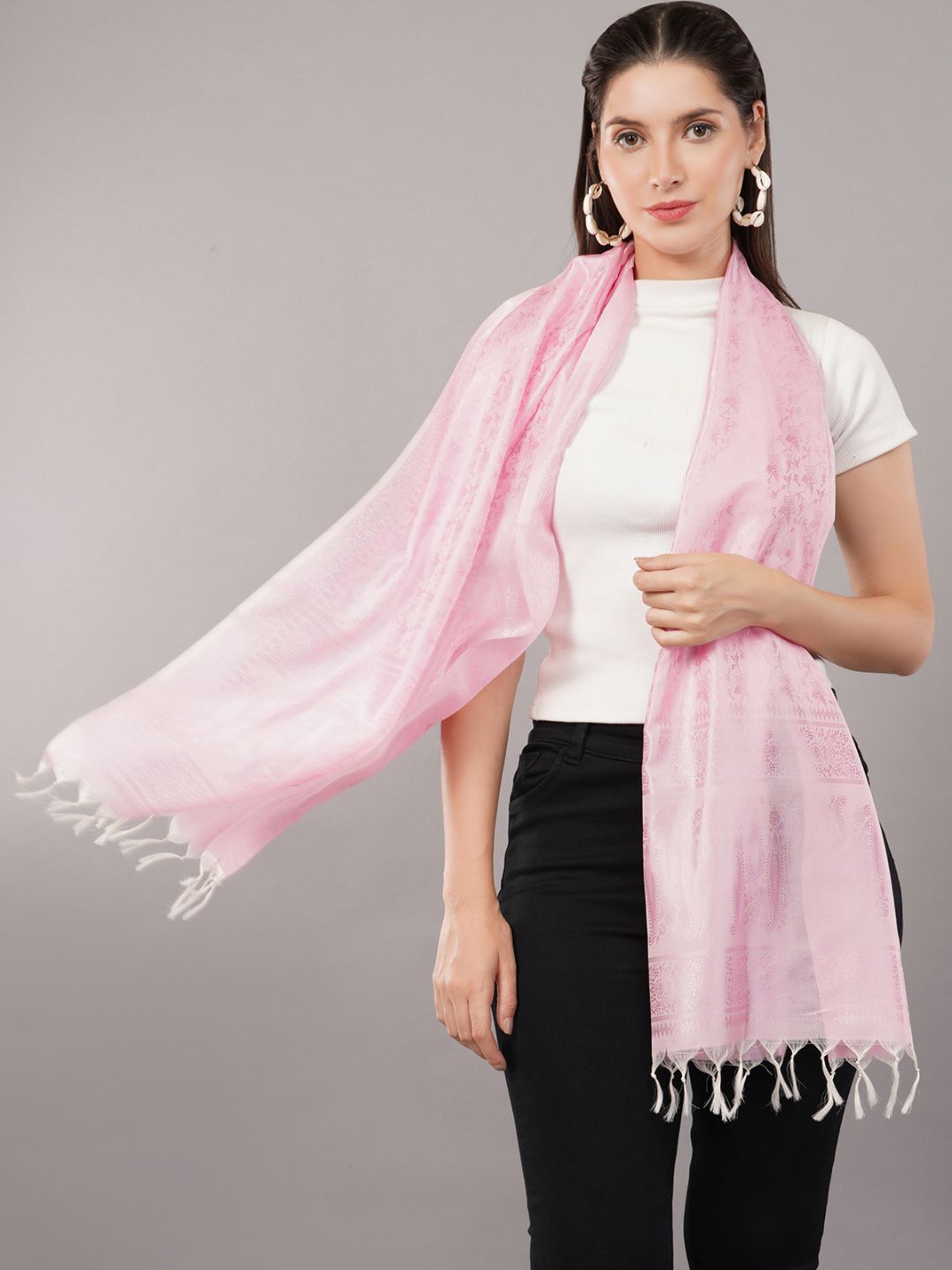 

CrossKulture Women Self Design Silk Scarf, Pink