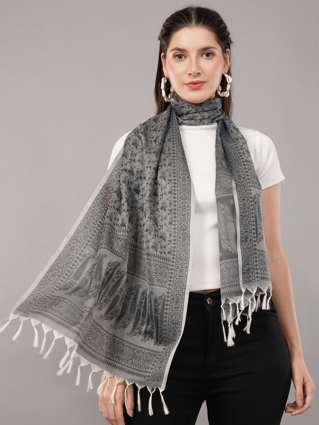 

CrossKulture Women Self Design Silk Scarf, Grey