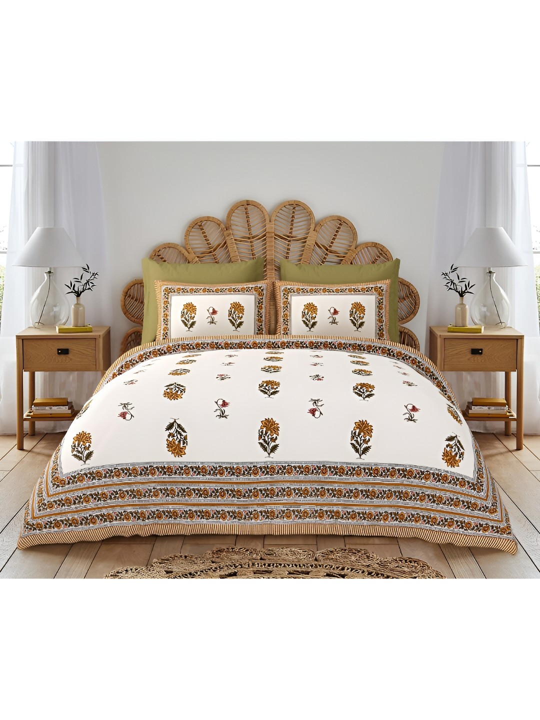 

Block Print Story Yellow & White Floral 210 TC Cotton King Bedsheet with 2 Pillow Covers
