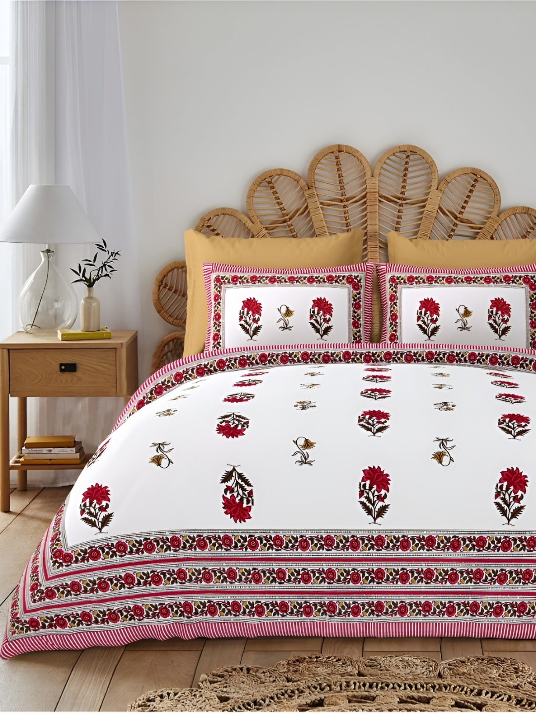 

Block Print Story White & Red Floral 210 TC Cotton King Bedsheet with 2 Pillow Covers