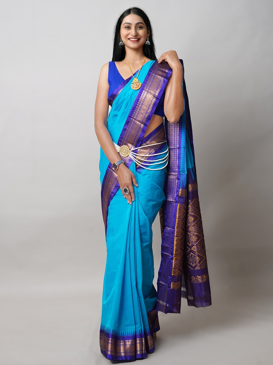 

Unnati Silks Zari Pure Cotton Gadwal Saree, Blue