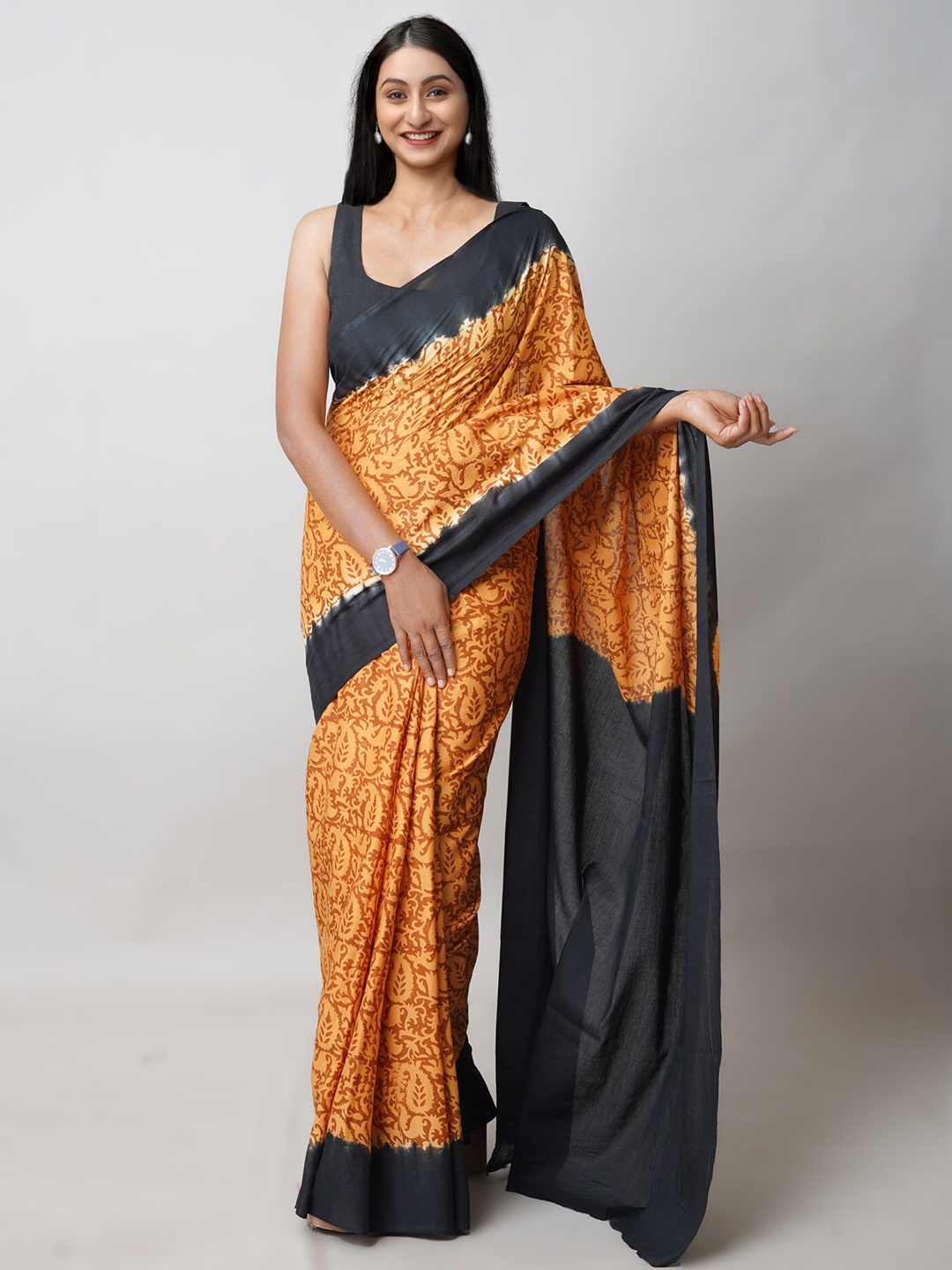

Unnati Silks Paisley Printed Pure Cotton Handloom Block Print Saree, Orange