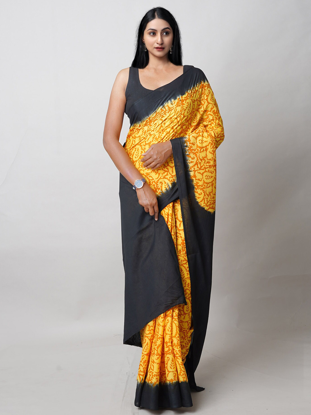 

Unnati Silks Paisley Block Printed Pure Cotton Saree, Yellow