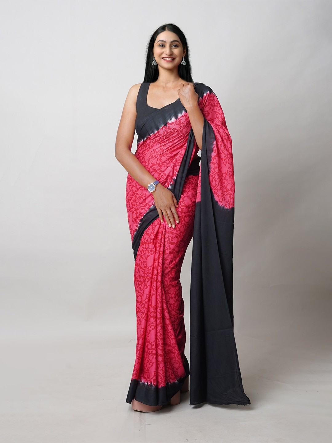 

Unnati Silks Floral Block Printed Pure Cotton Saree, Pink