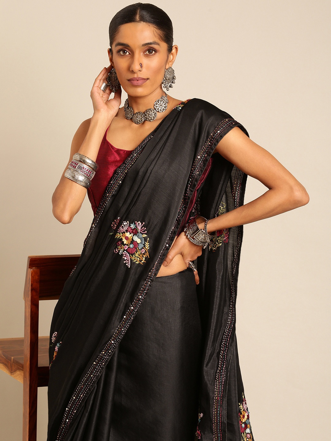 

Taavi Embroidered Embellished Kantha Work Saree, Black