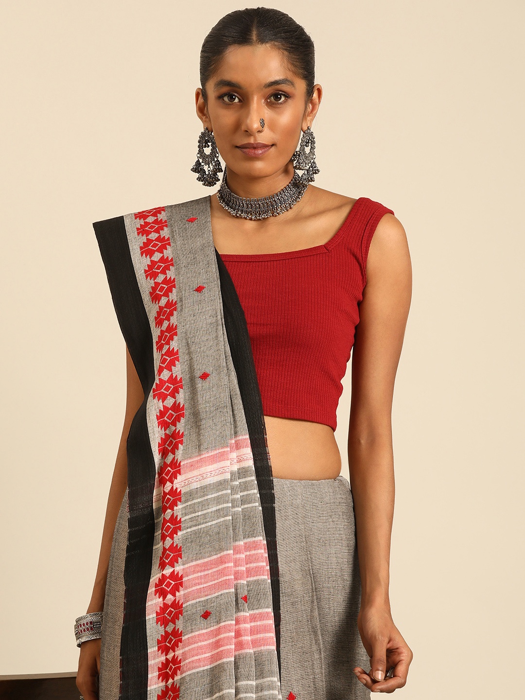 

Taavi Woven Design Pure Cotton Taant Saree, Grey
