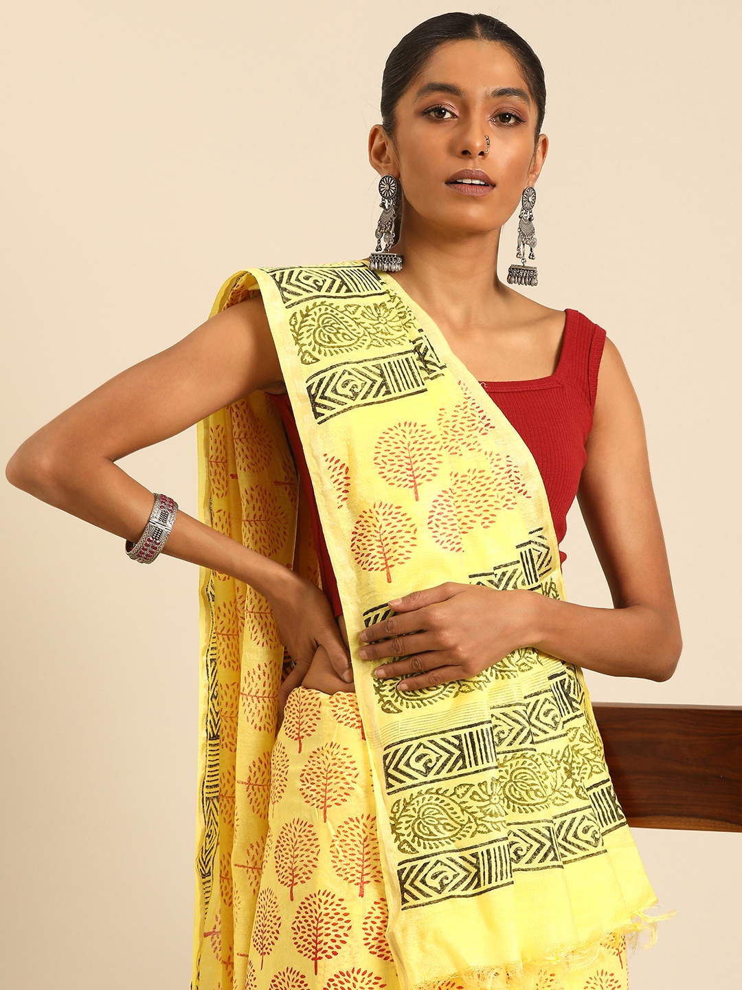 

Taavi Ethnic Motifs Hand Block Print Saree, Yellow