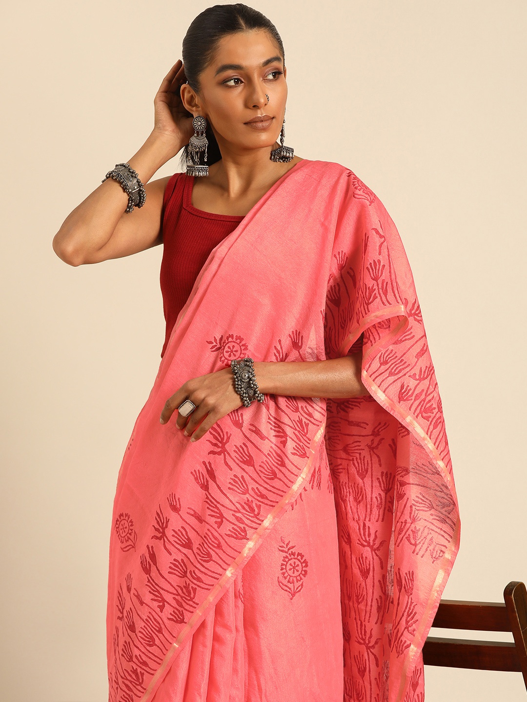 

Taavi Woven Design Zari Handloom Block Print Saree, Peach