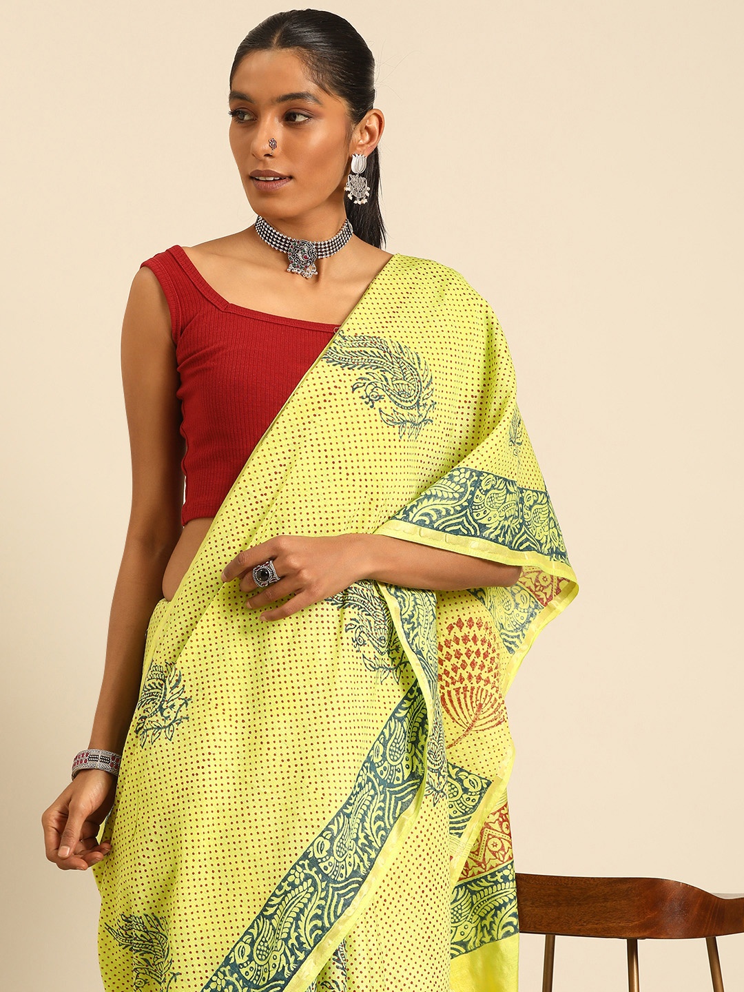 

Taavi Ethnic Motifs Printed Block Print Saree, Green