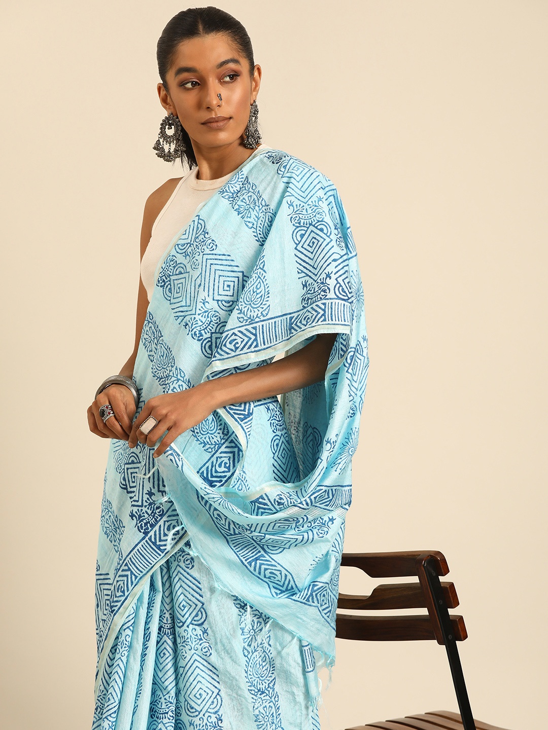 

Taavi Zari Handloom Block Print Saree, Blue
