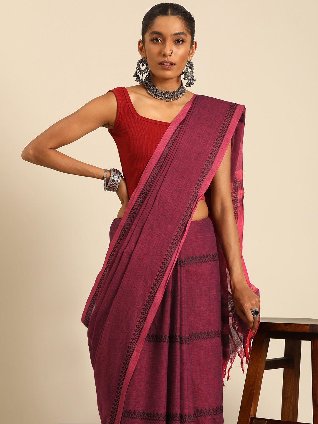 

Taavi Woven Design Pure Cotton Taant Saree, Pink