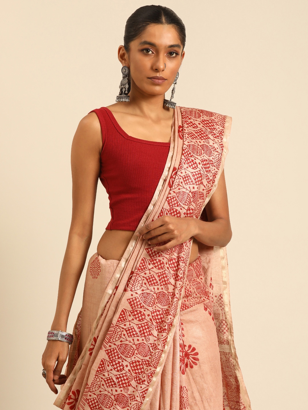 

Taavi Ethnic Motifs Printed Block Print Saree, Brown