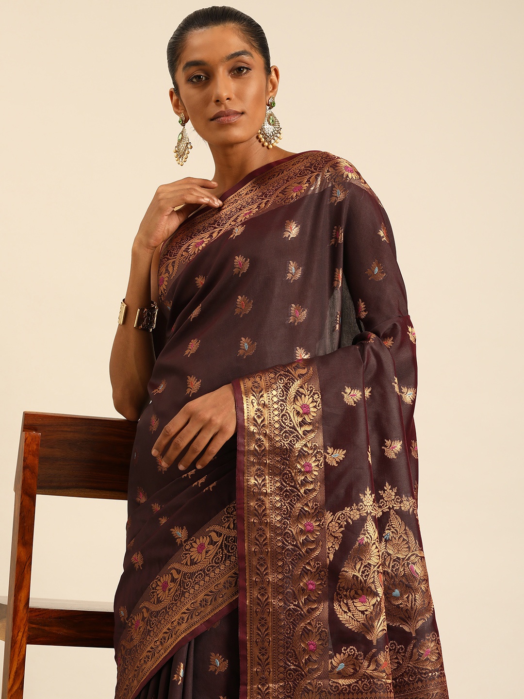 

Taavi Banarasi Inspired Woven Legacy saree, Brown