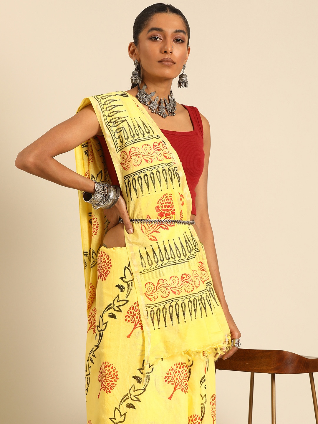 

Taavi Floral Zari Handloom Block Print Saree, Yellow