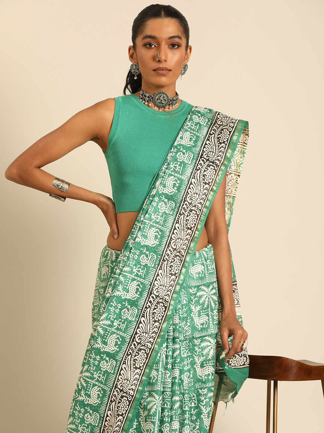 

Taavi Ethnic Motifs Zari Handloom Block Print Saree, Green