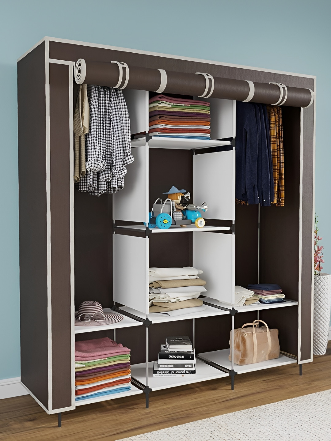 

Pamworld Brown 8-Tier Rectangle & Hanging Compartment Triple Door Collapsible Wardrobe