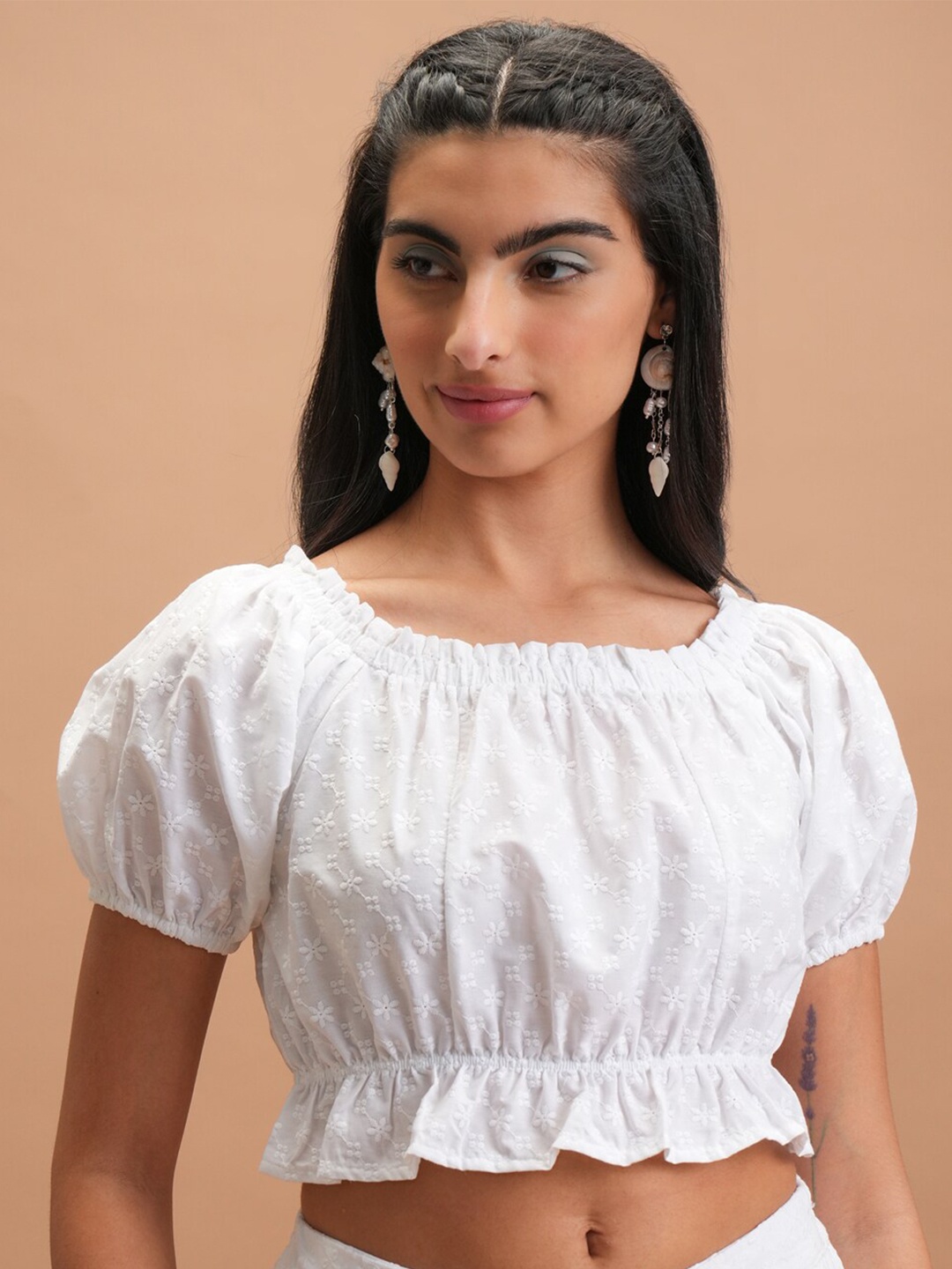 

Vishudh White Self Design Puff Sleeve Schiffli Blouson Crop Top