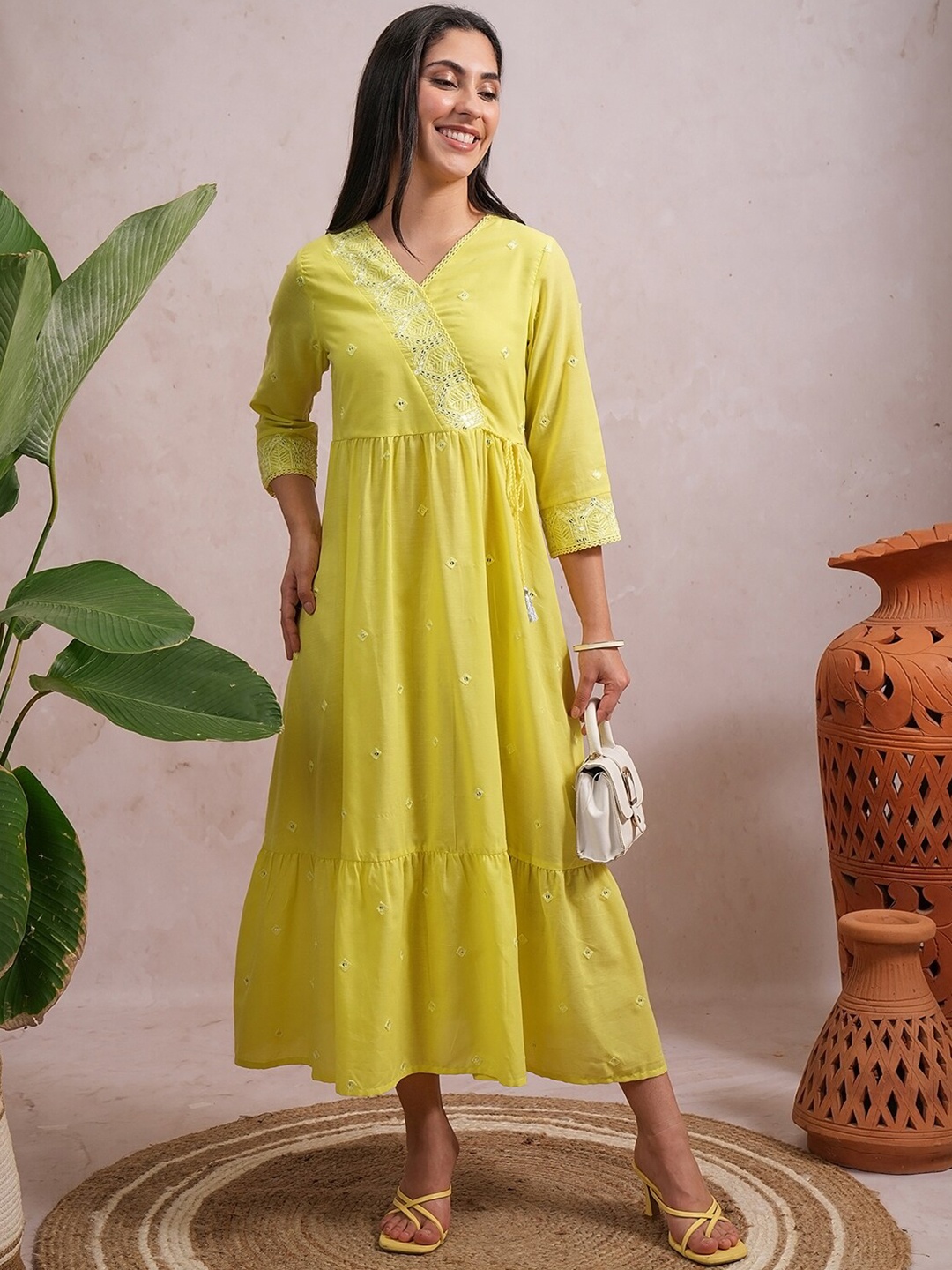 

Vishudh Floral Embroidered Gathered A Line Midi Dress, Yellow