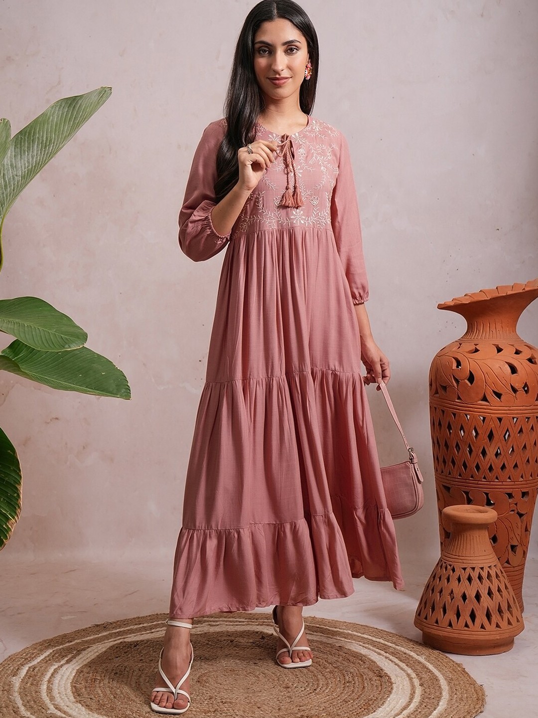 

Vishudh Rose Coloured Floral Embroidered Tie-Up Neck Tiered Maxi Dress