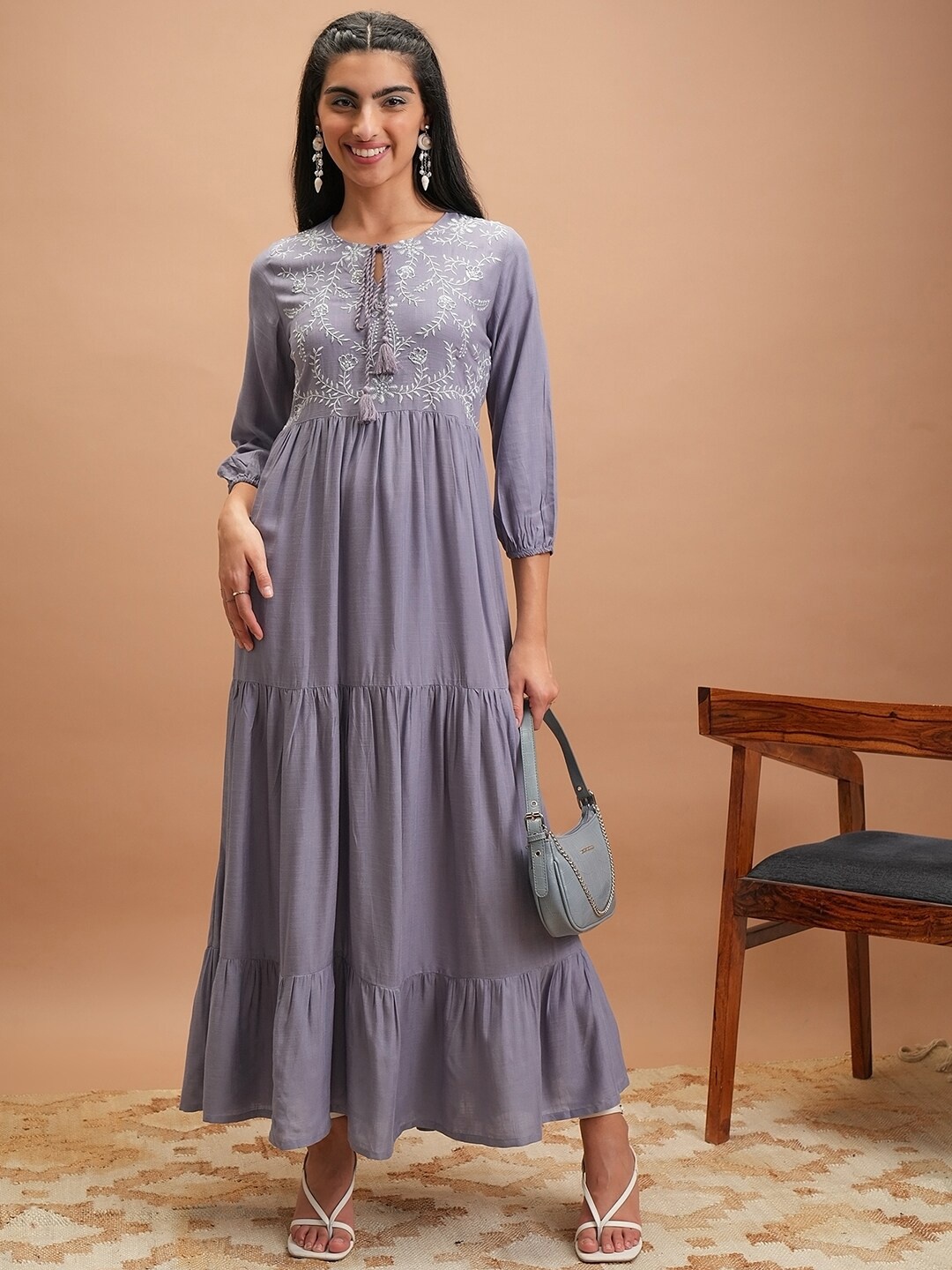 

Vishudh Self Design Tie-Up Neck Maxi Dress, Grey