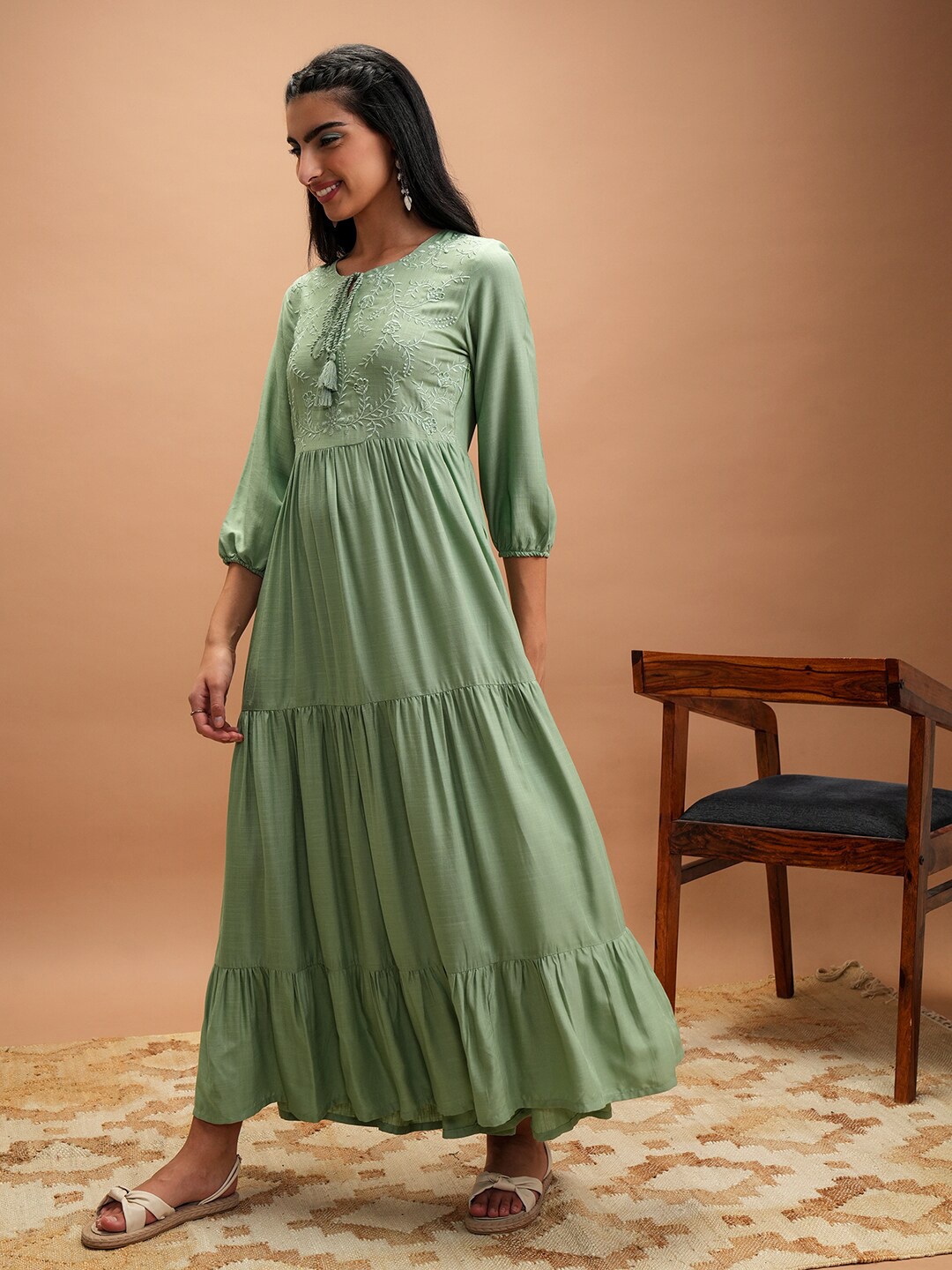 

Vishudh Green Floral Embroidered Tie-Up Neck Tiered Maxi Dress, Teal