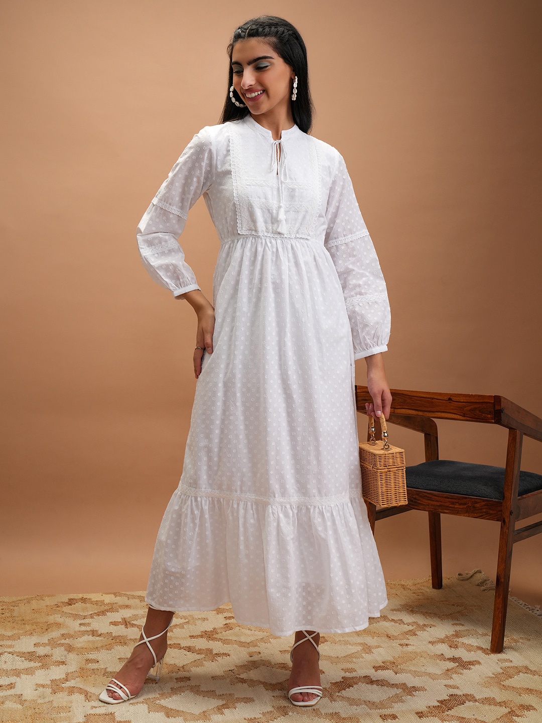 

Vishudh White Self Design Tie-Up Neck A-Line Maxi Dress