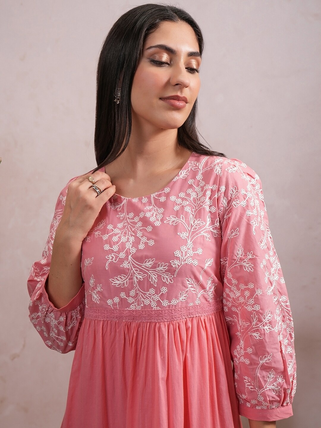 

Vishudh Pink Floral Embroidered Tiered Cotton Maxi Dress