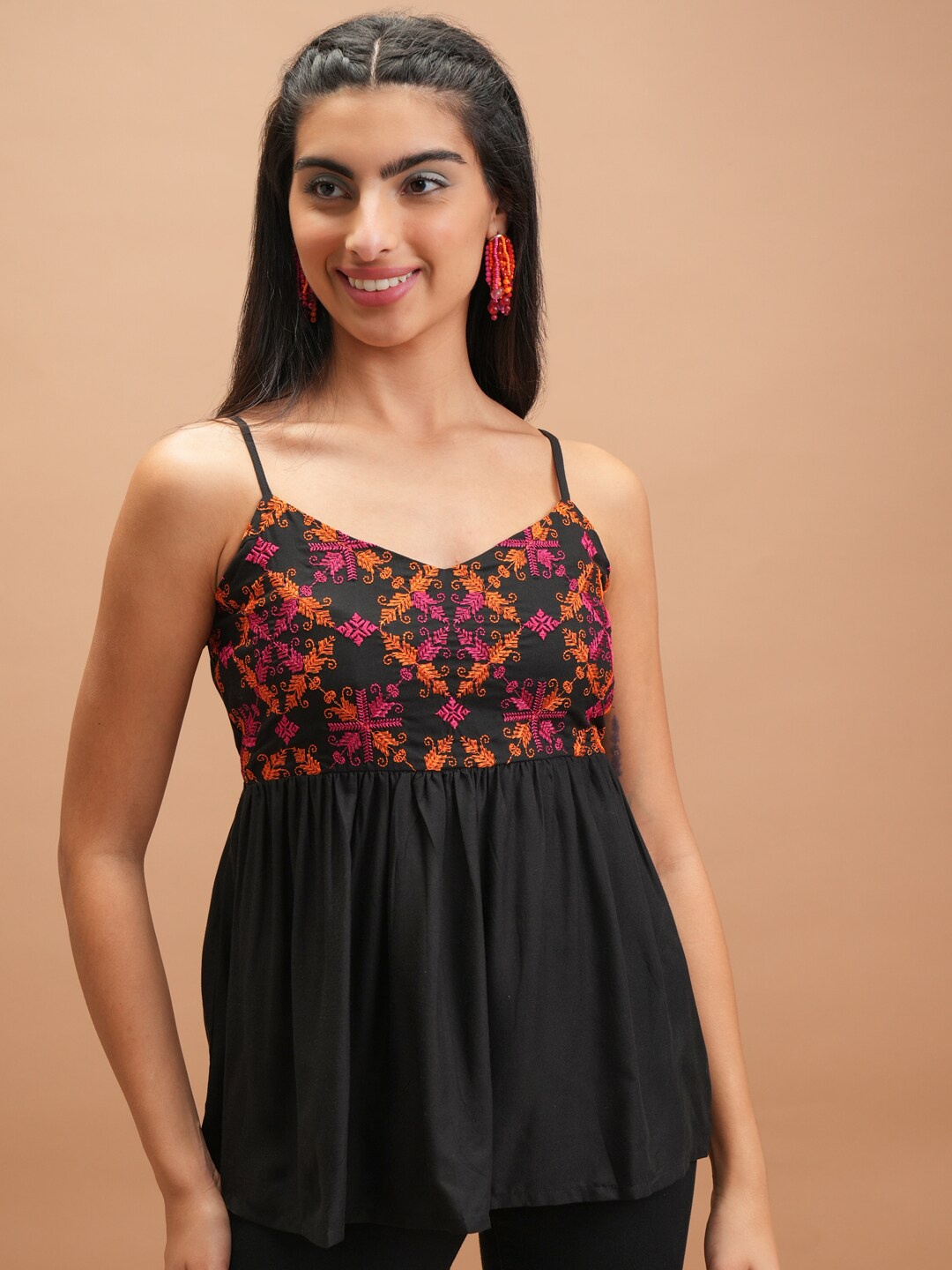 

Vishudh Black Floral Embroidered Gathered Empire Top