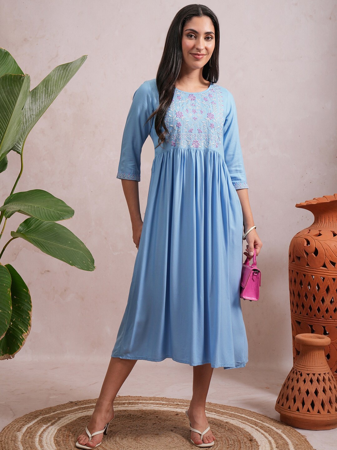 

Vishudh Blue Floral Embroidered A-Line Midi Dress