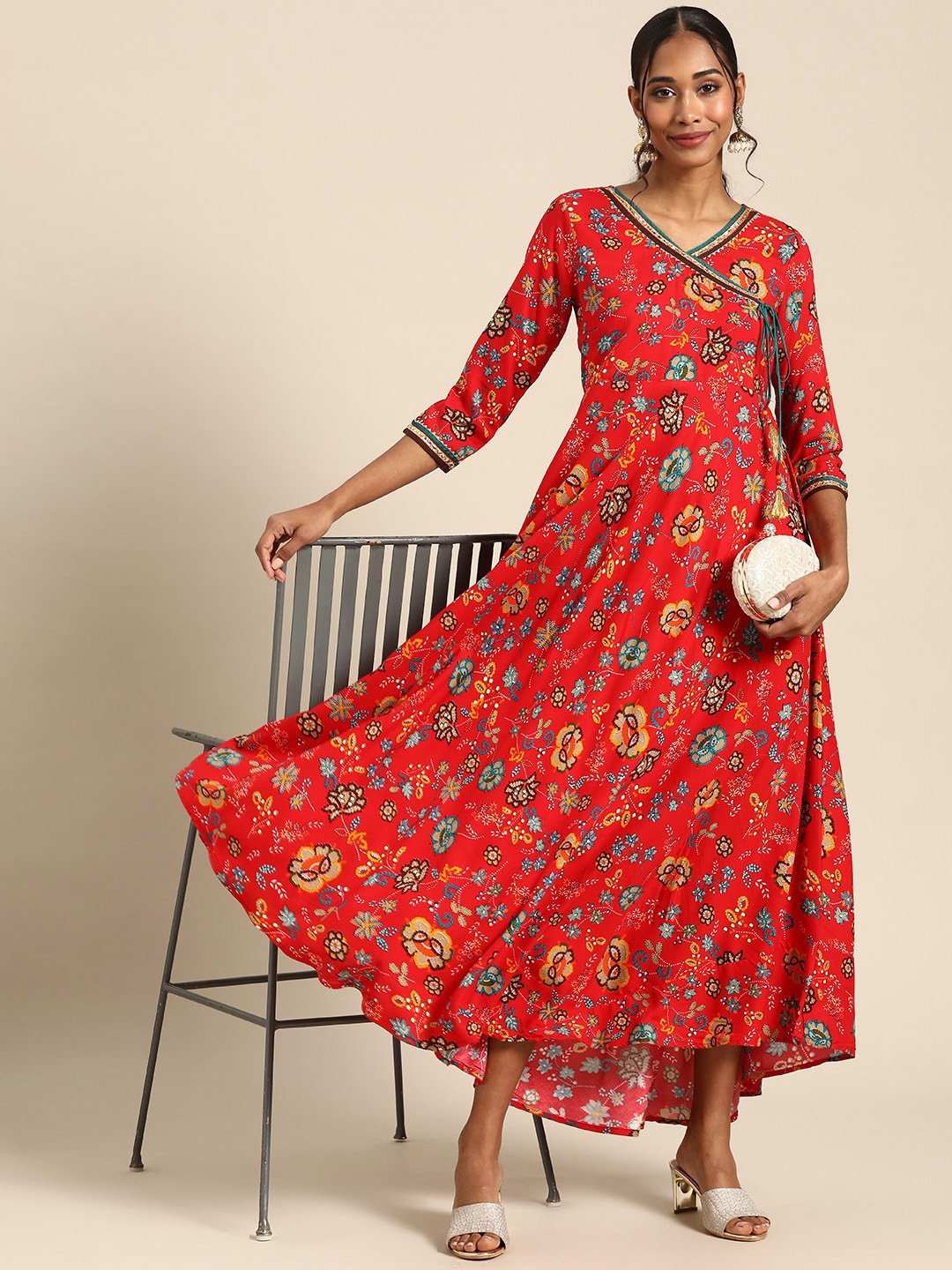 

all about you Red Floral Printed V-Neck Gotta Patti Maxi Dress