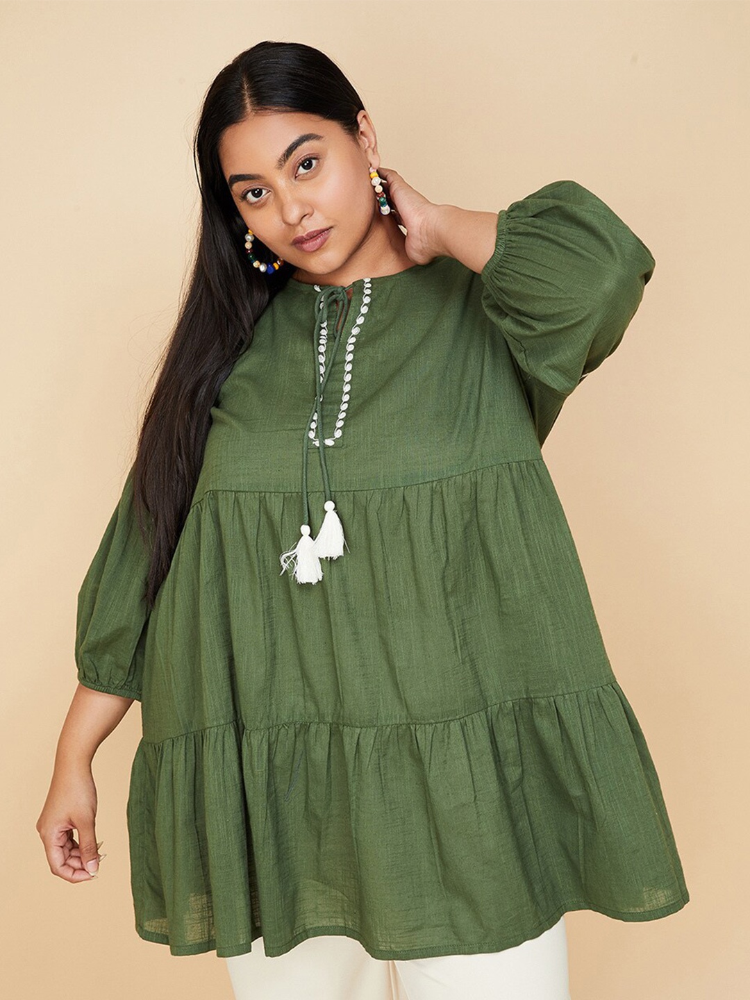 

max Plus Size Tie Up Neck Cuffed Sleeves Tunic, Olive