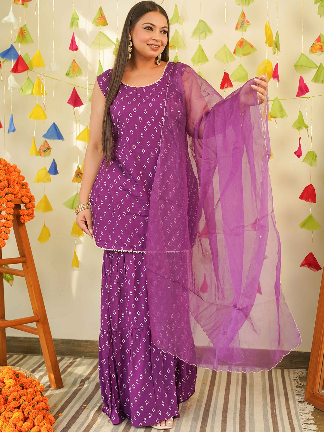 

NANGALIA RUCHIRA Ethnic Motifs Printed Regular Kurta With Sharara & Dupatta, Purple