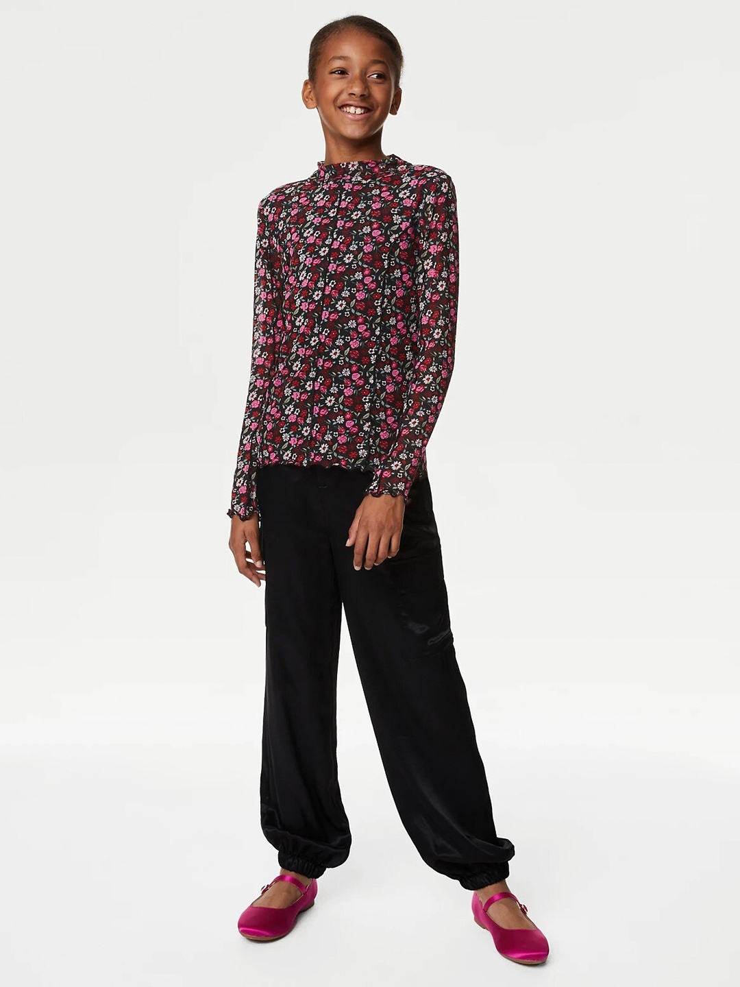 

Marks & Spencer Girls Floral Printed Round Neck Regular Top, Black