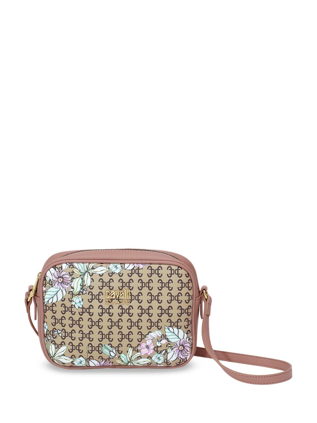 

Cavalli Class Geometric Printed Structured Sling Bag, Beige