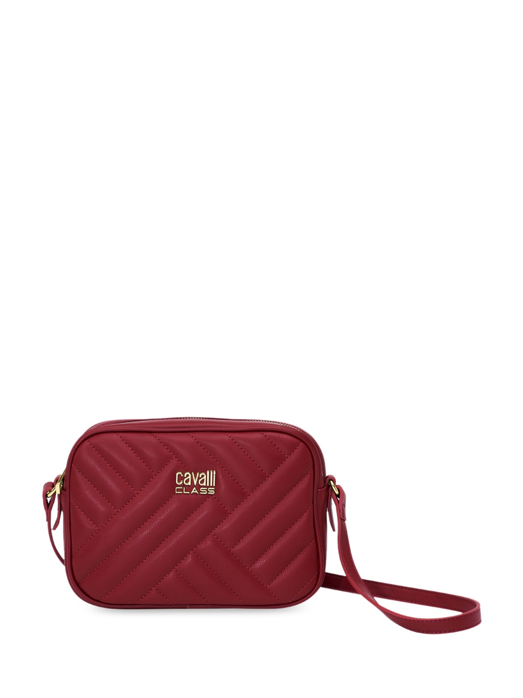 

Cavalli Class Geometric Textured Quilted Detailed Structured Sling Bag, Burgundy