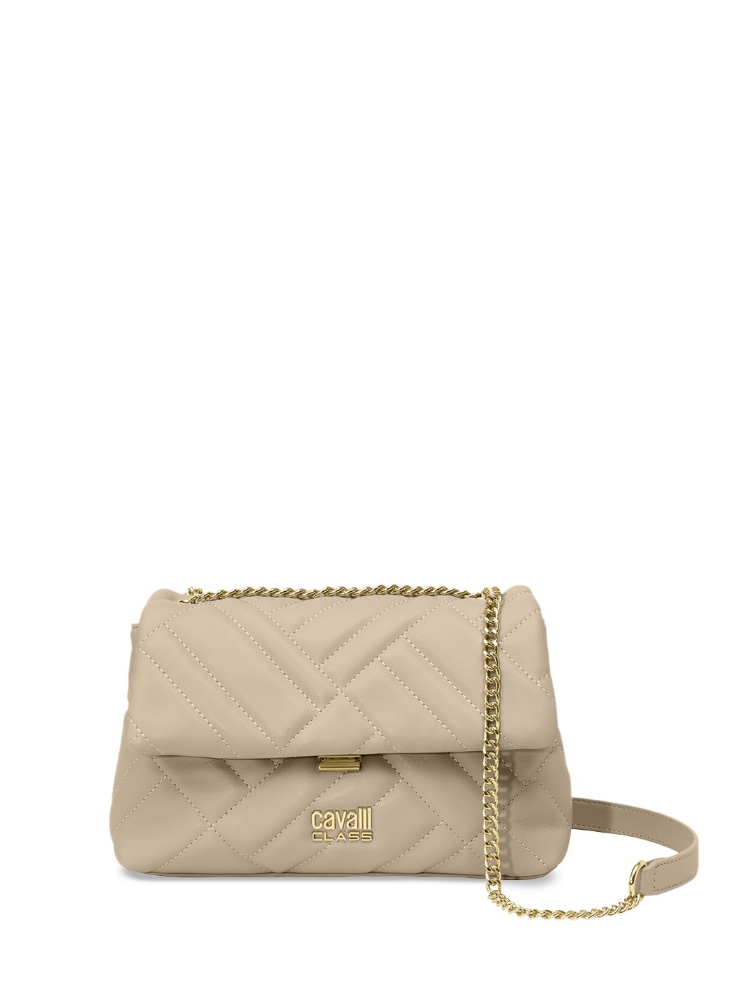 

Cavalli Class Geometric Textured Quilted Detailed Structured Sling Bag, Beige