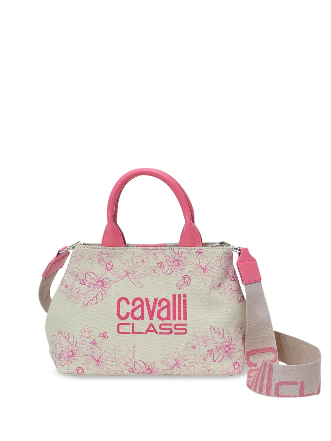 

Cavalli Class Floral Printed Structured Canvas Handheld Bag, Beige