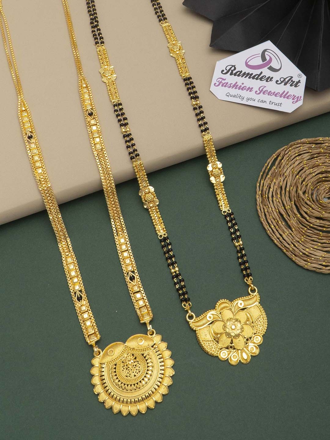 

Ramdev Art Fashion Jwellery Set Of 2 Gold-Plated Stone-Studded & Beaded Mangalsutra