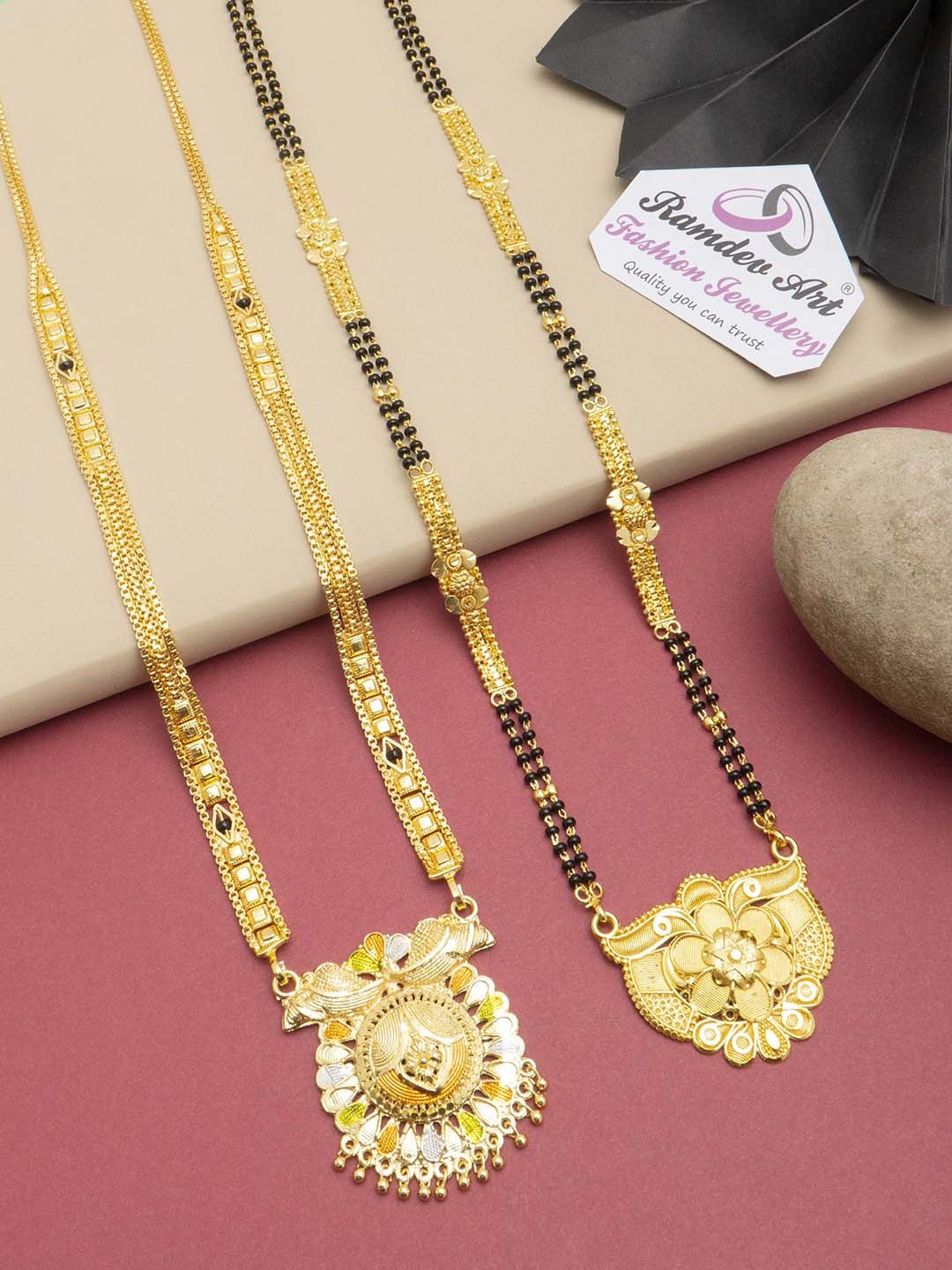 

Ramdev Art Fashion Jwellery Set Of 2 Gold-Plated Stone-Studded & Beaded Mangalsutra