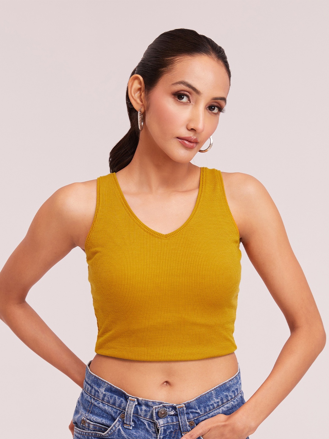 

BerryBird V-Neck Sleeveless Opaque Fitted Cotton Crop Top, Yellow