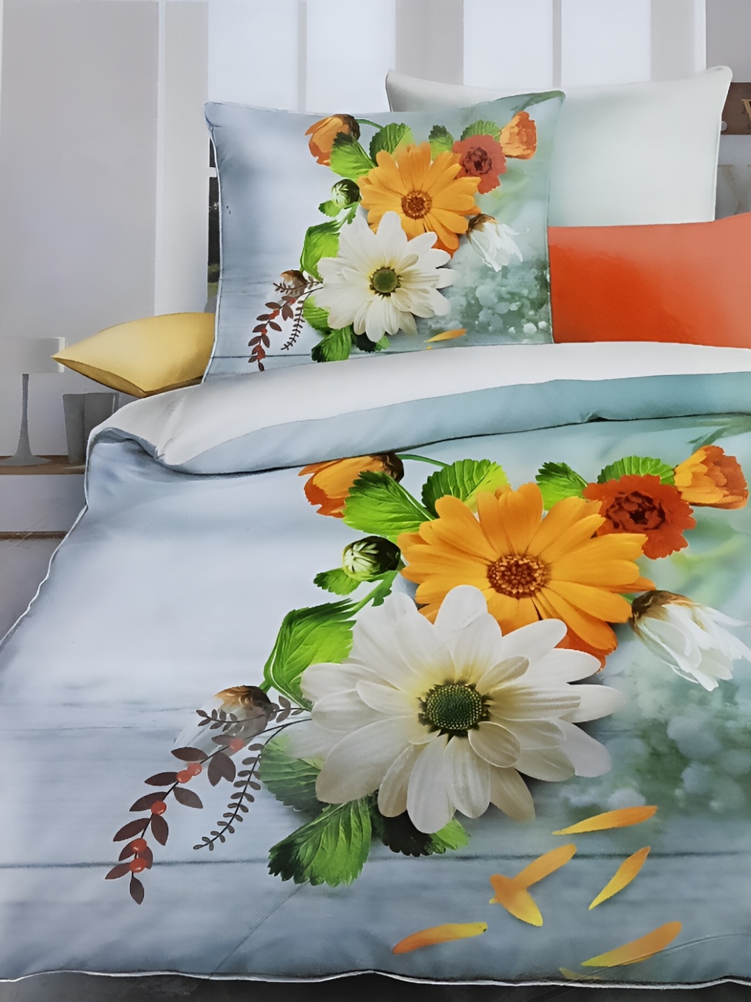 

Signature Fusion Green & Orange Floral 144 TC Queen Bedsheet with 2 Pillow Covers