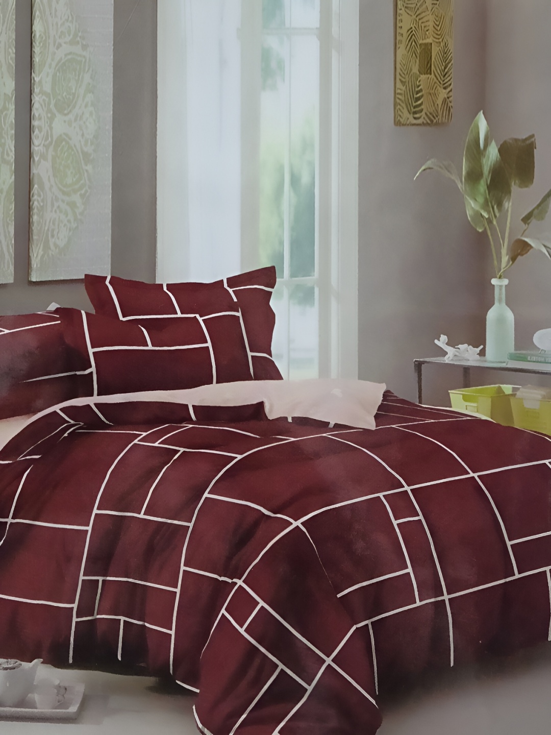

Signature Maroon & Pink Geometric 144 TC Queen Bedsheet with 2 Pillow Covers