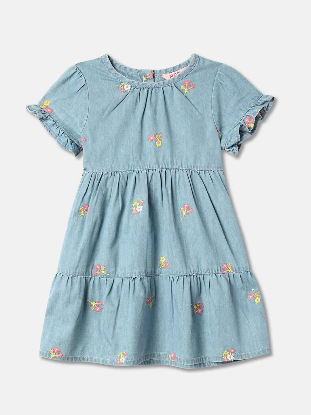 

R&B Floral Embroidered Cotton Fit & Flare Dress, Blue