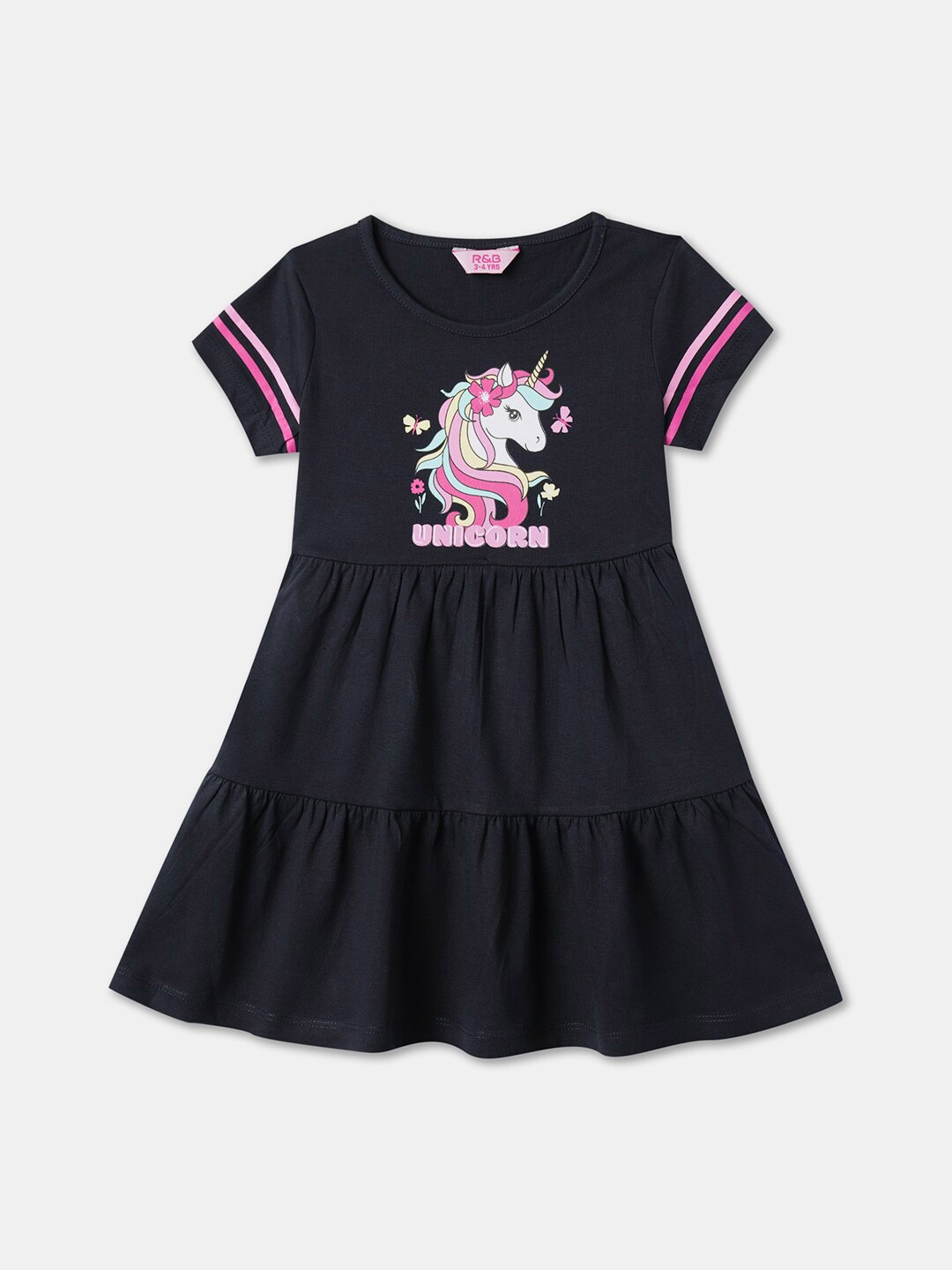 

R&B Girls Unicorn Graphic Printed Cotton Tiered Fit & Flare Dress, Pink