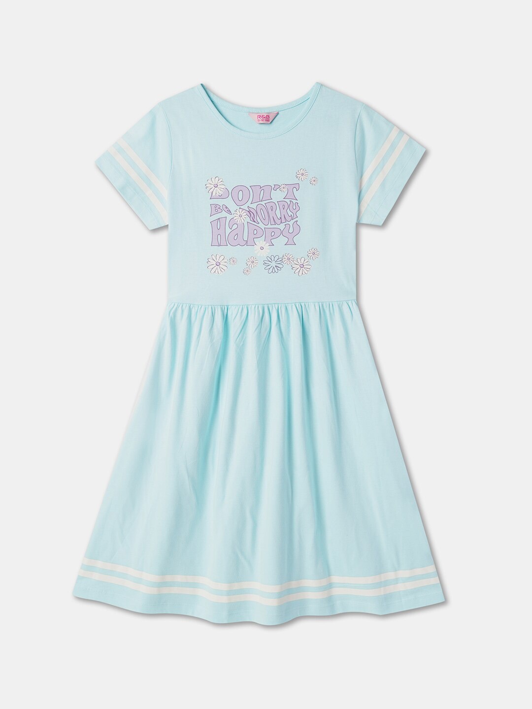 

R&B Girls Typography Printed Cotton Fit & Flare Dress, Blue