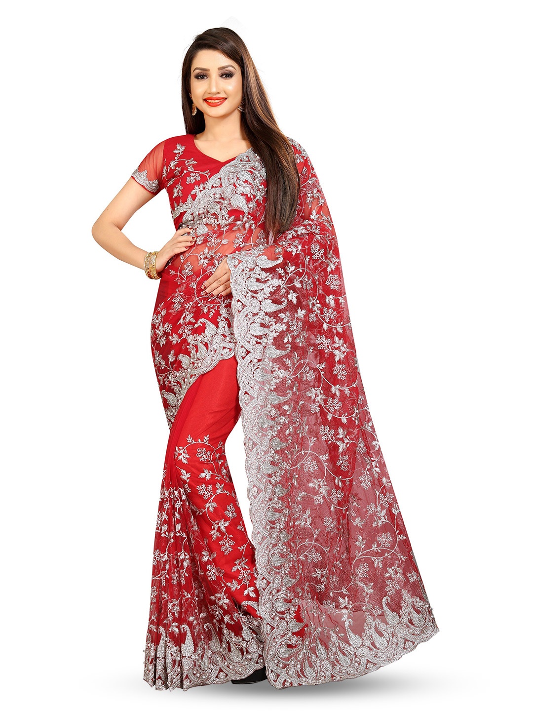 

PARMMRAA DESIGNER Floral Embroidered Net Satin Saree, Red