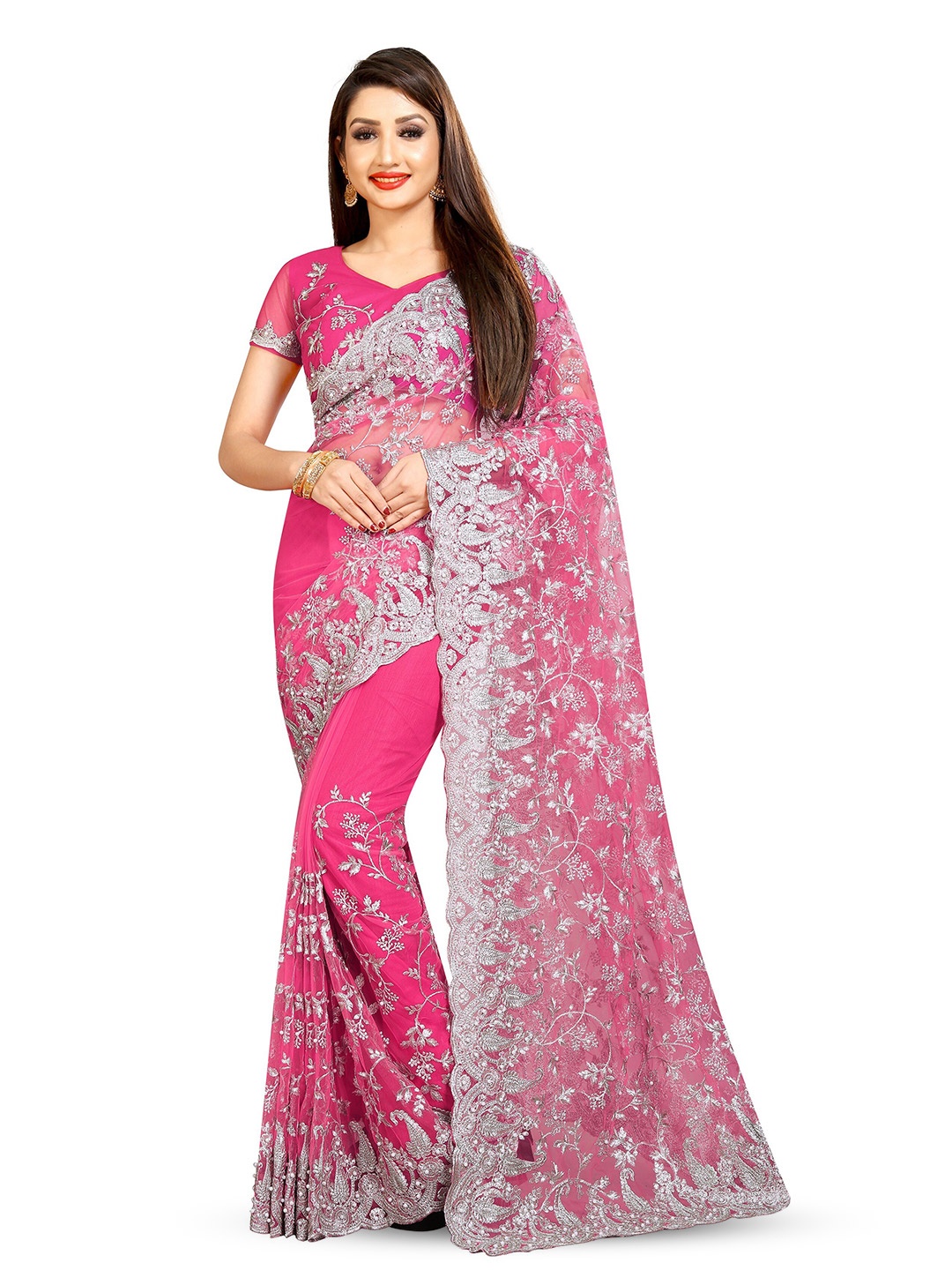 

PARMMRAA DESIGNER Floral Embroidered Net Saree, Pink