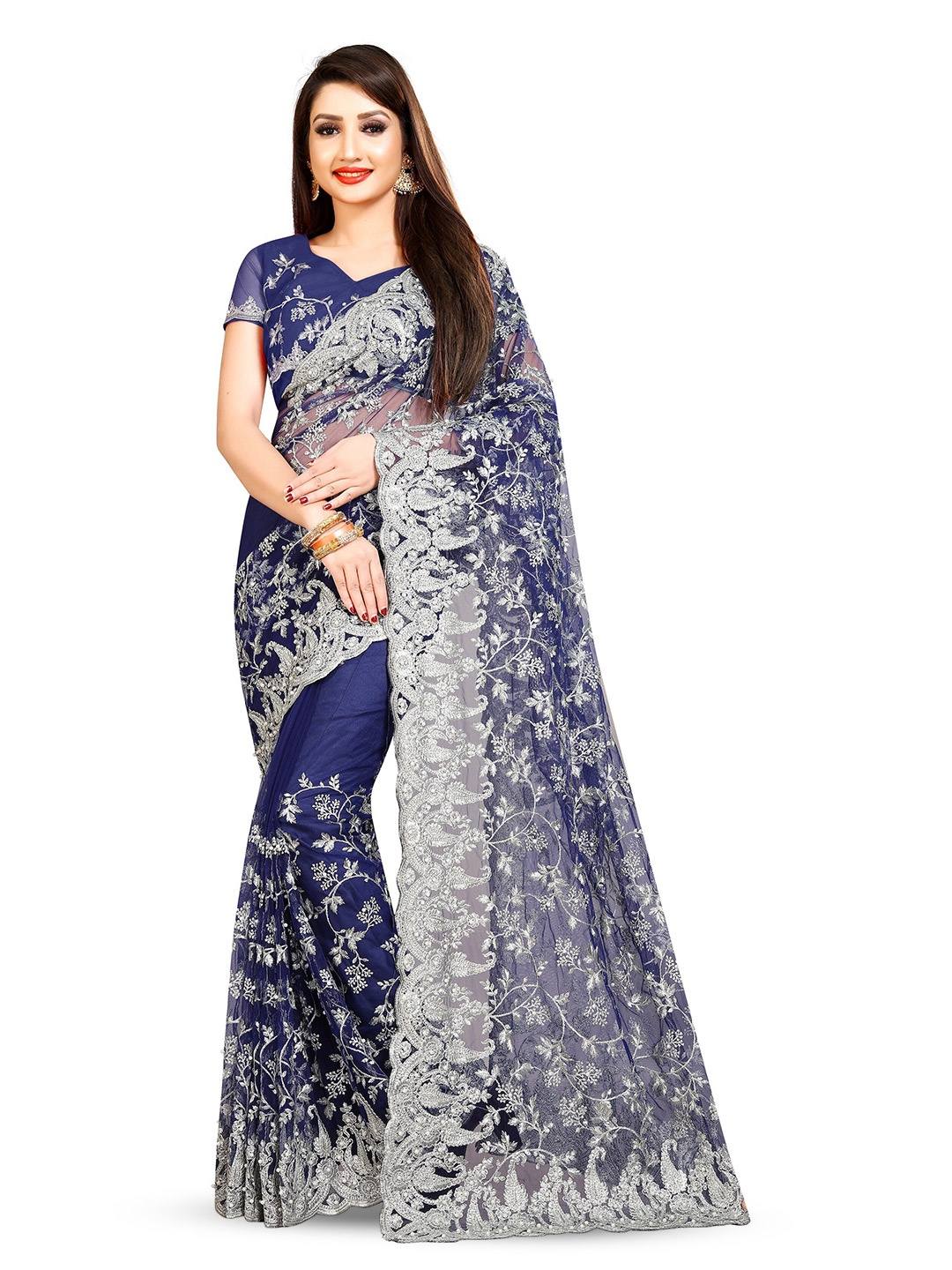 

PARMMRAA DESIGNER Floral Embroidered Net Saree, Blue