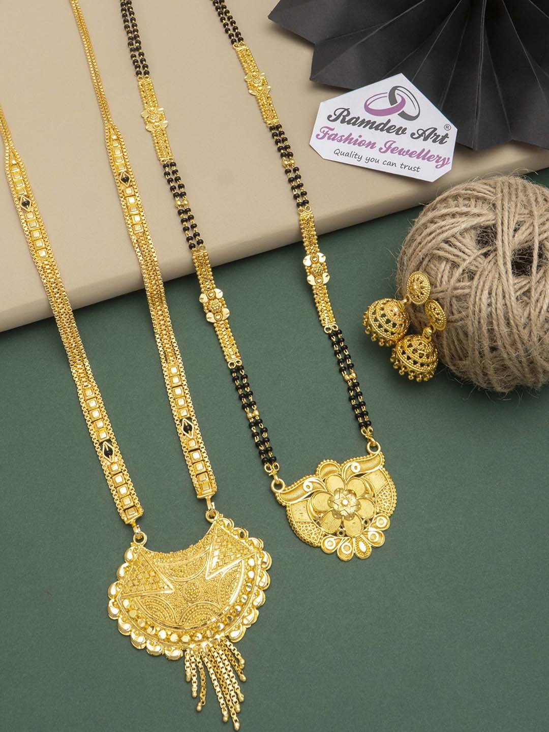 

Ramdev Art Fashion Jwellery Set Of 2 Gold-Plated Beaded Mangalsutra With Earrings