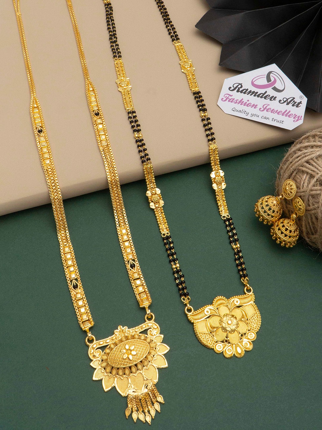 

Ramdev Art Fashion Jwellery Set Of 2 Gold-Plated Beaded Mangalsutra With Earrings